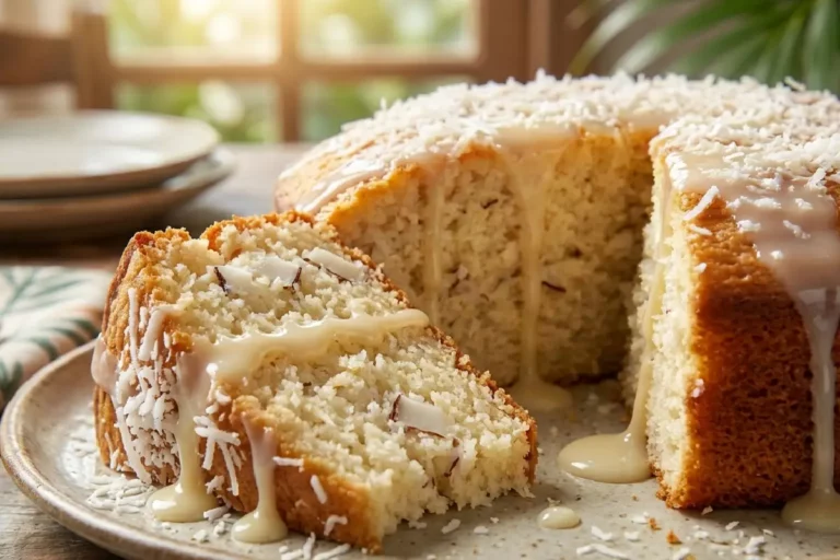 Fatia generosa de bolo de coco cremoso com cobertura de coco ralado, textura úmida e dourada para receitas tropicais.