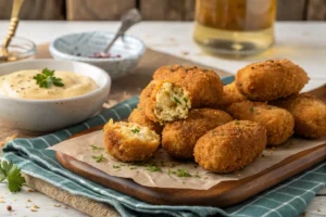 Croquetes de frango caseiros dourados e crocantes em cestinha com recheio cremoso à mostra e molho aioli ao lado
