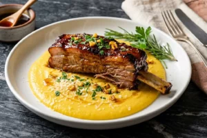 Costela de porco glaceada e caramelizada sobre creme de milho aveludado dourado em bowl de porcelana branca sobre mármore escuro