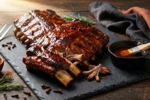 Costelinha suína assada com molho de páprica defumada e cravo caramelizado sobre ardósia escura com carne desmanchando e glaze lacada brilhante