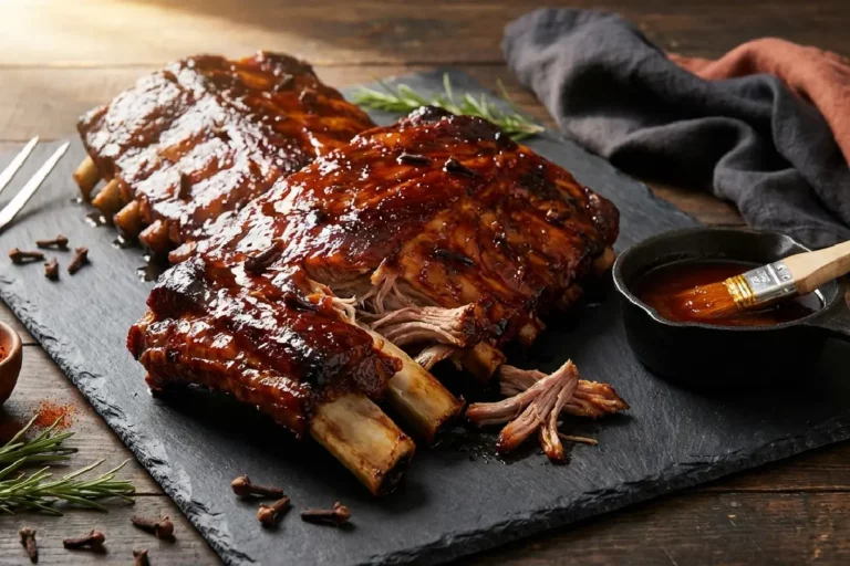 Costelinha suína assada com molho de páprica defumada e cravo caramelizado sobre ardósia escura com carne desmanchando e glaze lacada brilhante