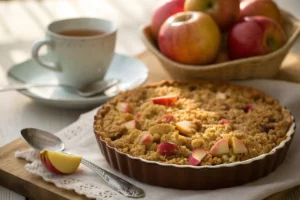 Crumble de maçã quente com cobertura crocante dourada, recheio de maçãs caramelizadas e canela, servido em ramequim individual.