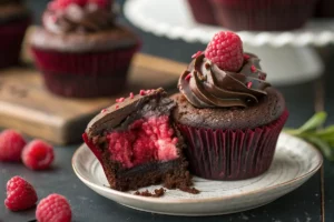 Cupcake de chocolate fofinho com cobertura de ganache e framboesas frescas vermelhas, sobremesa gourmet em forminha decorada.