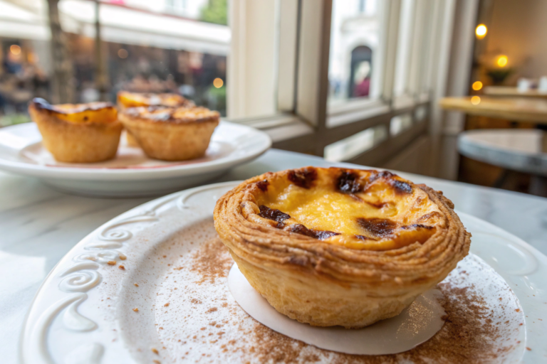 Pastel de Belém português autêntico com superfície dourada caramelizada, massa folhada em camadas e creme de ovos cremoso polvilhado com canela