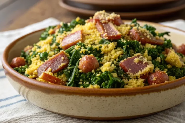 Farofa de couve com pedaços de linguiça e bacon dourados, servida em prato rústico.