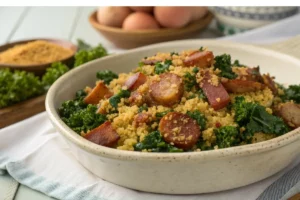 Farofa de couve com pedaços de linguiça e bacon dourados, servida em prato rústico.