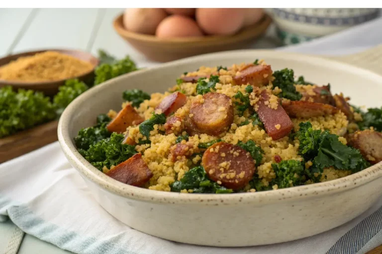 Farofa de couve com pedaços de linguiça e bacon dourados, servida em prato rústico.