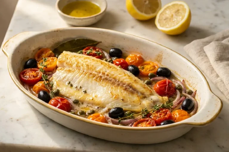 Filé de peixe branco assado com azeitonas pretas, tomatinhos-cereja caramelizados e alcaparras servido em travessa de cerâmica com tomilho fresco e ramos de salsinha