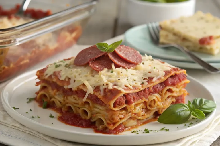Lasanha de salaminho com camadas generosas de queijo derretido e fatias de salame.