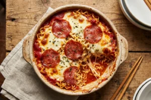 Lasanha de salaminho feita com miojo gratinada no refratário