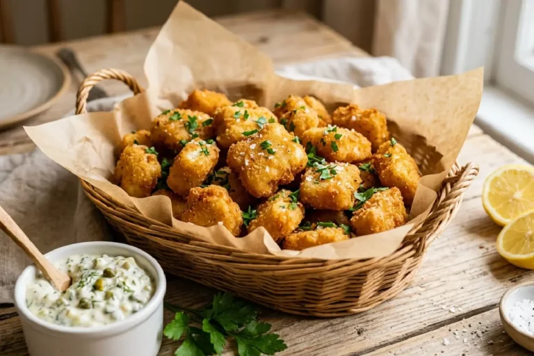 Iscas de peixe empanadas e fritas com casca dourada e crocante servidas em cesta rústica com molho tártaro e limão ao lado