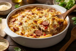Macarrão com calabresa gratinado em refratário branco com queijo dourado borbulhante e porção servida revelando interior cremoso