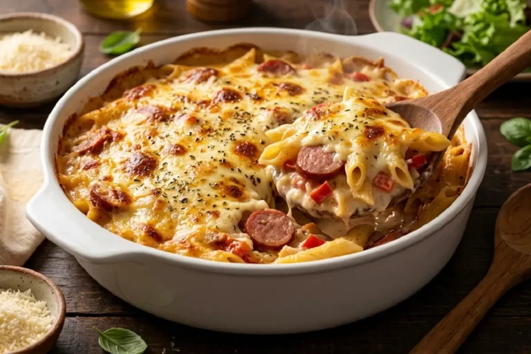 Macarrão com calabresa gratinado em refratário branco com queijo dourado borbulhante e porção servida revelando interior cremoso