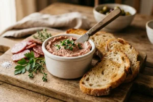 Patê de salaminho cremoso servido em tigela de cerâmica com torradas e ervas frescas