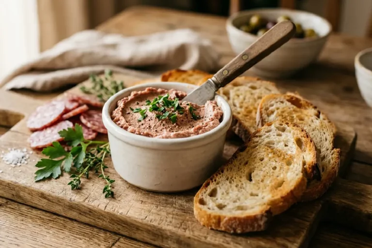 Patê de salaminho cremoso servido em tigela de cerâmica com torradas e ervas frescas