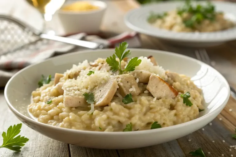 Risoto de frango saboroso e cremoso, ideal para uma refeição aconchegante e nutritiva﻿.