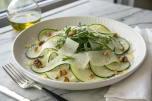 Salada de abobrinha crua em fatias finas com lascas de parmesão e rúcula em prato branco sobre mármore