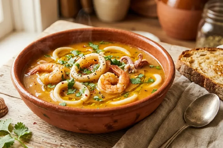 Sopa de lula e camarão servida em bowl rústico com caldo alaranjado, coentro fresco e pão artesanal ao lado