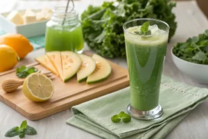 Suco de couve com melão verde vibrante servido em copo alto transparente com gelo e decoração de limão e hortelã