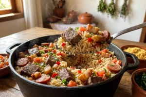 Arroz carreteiro de fraldinha com carne suculenta e arroz soltinho