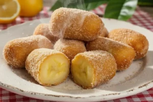 Banana frita empanada dourada e crocante, fatias caramelizadas com açúcar, petisco doce brasileiro clássico.