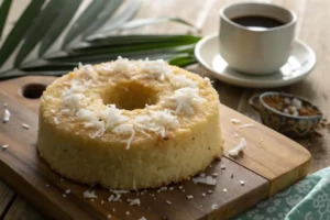 Bolo de aipim com coco, dourado e úmido, servido em fatias com textura macia e coco ralado por cima.