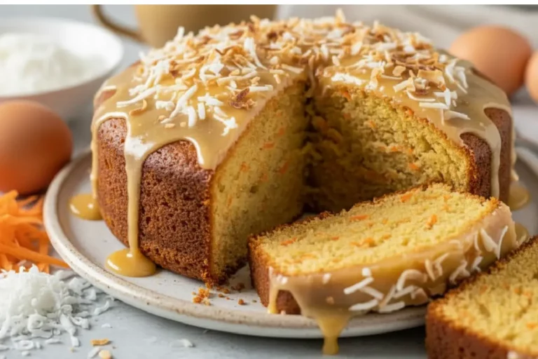 Bolo de cenoura com coco úmido e dourado, coberto com coco ralado fresco, receita fofinha e tropical.