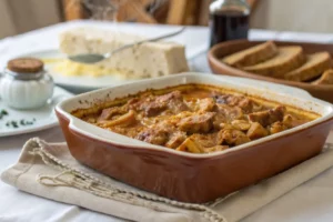 Prato de buchada de bode com caldo temperado e guarnições tradicionais