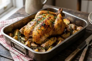 Frango assado inteiro dourado e crocante com salsa e cebolinha frescas em assadeira rústica com batatas ao redor