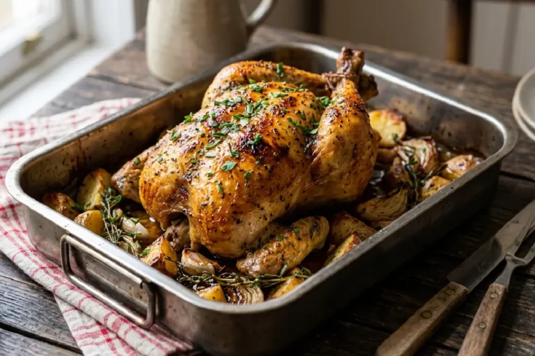 Frango assado inteiro dourado e crocante com salsa e cebolinha frescas em assadeira rústica com batatas ao redor