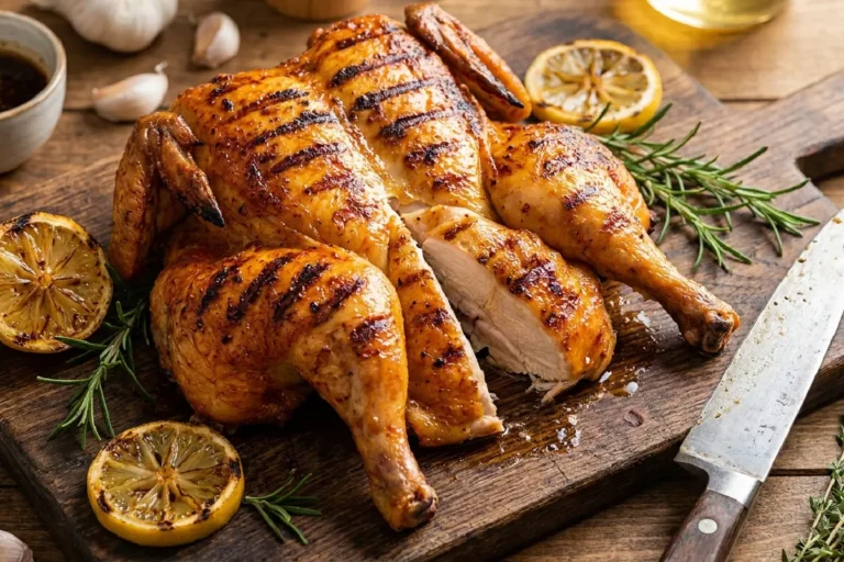 Frango inteiro grelhado com pele dourada e marcas de grelha sobre tábua de madeira escura, cortado ao meio revelando carne suculenta interna, decorado com alecrim fresco e fatias de limão siciliano.