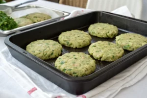 Hambúrguer de abobrinha dourado em prato rústico com um cortado ao meio mostrando interior verde com queijo