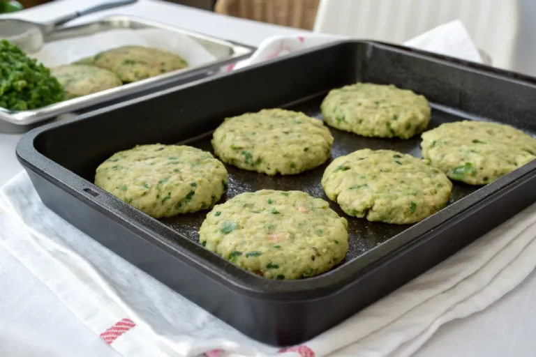 Hambúrguer de abobrinha dourado em prato rústico com um cortado ao meio mostrando interior verde com queijo