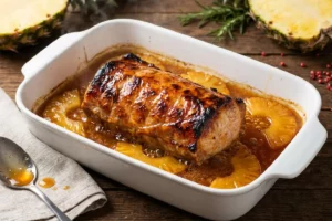Lombo suíno assado com abacaxi caramelizado servido em travessa elegante