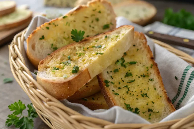 Pão de alho dourado e crocante na airfryer, com manteiga de alho e ervas visíveis, servido em cesta de fibra natural.