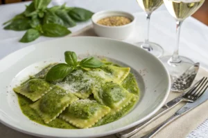 Ravioli ao molho pesto, com massa recheada, molho verde feito com manjericão, pinhões e queijo parmesão