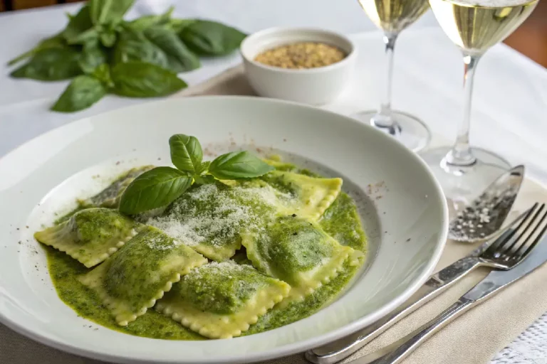 Ravioli ao molho pesto, com massa recheada, molho verde feito com manjericão, pinhões e queijo parmesão