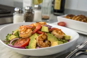 Salada de camarão e abacate cremosa servida em prato branco decorado