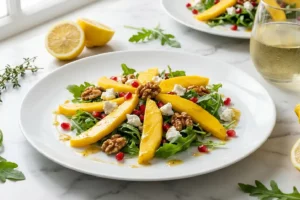 Salada de rúcula com manga fatiada, queijo de cabra esfarelado, nozes tostadas e molho dourado de mel e mostarda em prato de cerâmica branca