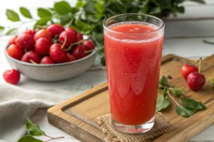Suco de acerola fresco, vermelho vibrante, servido em copo transparente com gelo e folhas de hortelã.