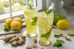 Dois copos de vidro com suco de limão com gengibre amarelo-esverdeado, gelo, rodelas de limão e hortelã fresca sobre bancada de mármore branco