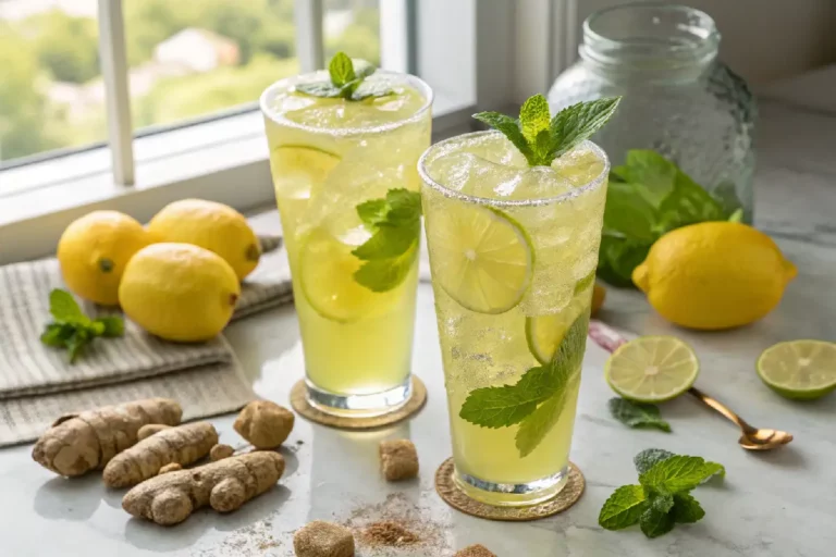 Dois copos de vidro com suco de limão com gengibre amarelo-esverdeado, gelo, rodelas de limão e hortelã fresca sobre bancada de mármore branco