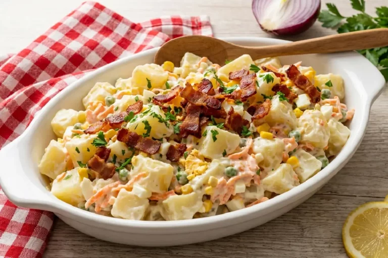 Batatonese de bacon cremosa servida em tigela rústica