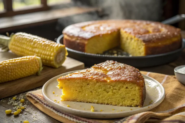 Bolo de milho com flocão fofinho dourado, superfície brilhante de açúcar, textura rústica com grãos de milho visíveis em fatia.