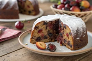 Fatia de bolo de noiva pernambucano com frutas cristalizadas.