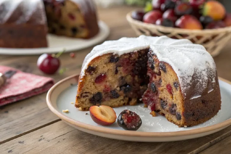 Fatia de bolo de noiva pernambucano com frutas cristalizadas.