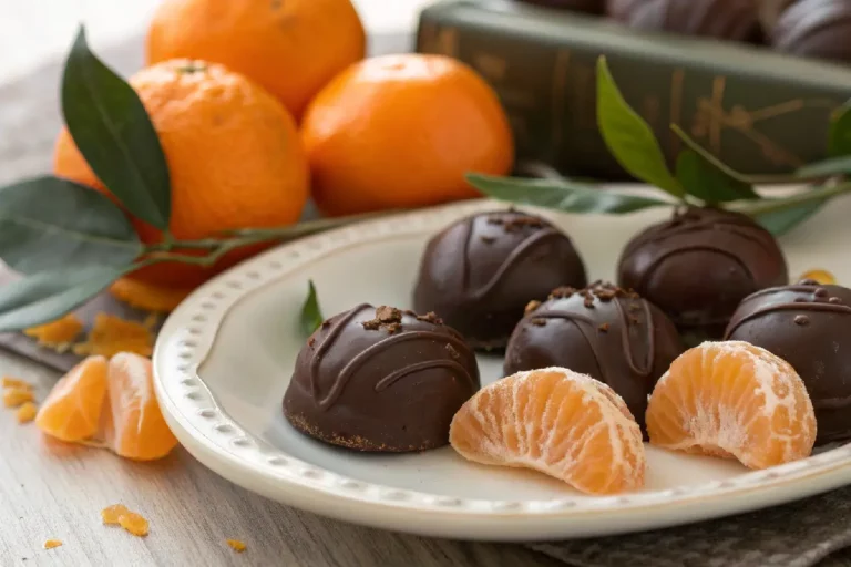 Bombons de tangerina cobertos com chocolate ao leite brilhante, recheio cremoso cítrico exposto, colocados em forminhas de papel.