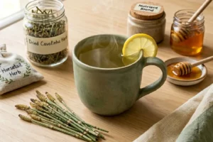 Xícara de cerâmica artesanal com chá de cavalinha dourado claro sobre madeira natural com hastes de cavalinha seca e mel ao lado