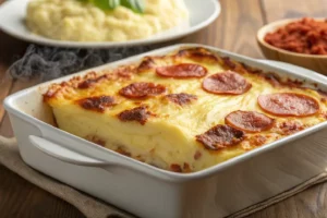 Escondidinho de calabresa gratinado com purê cremoso e queijo dourado em refratário branco