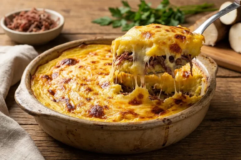 Escondidinho de carne seca com cheddar gratinado